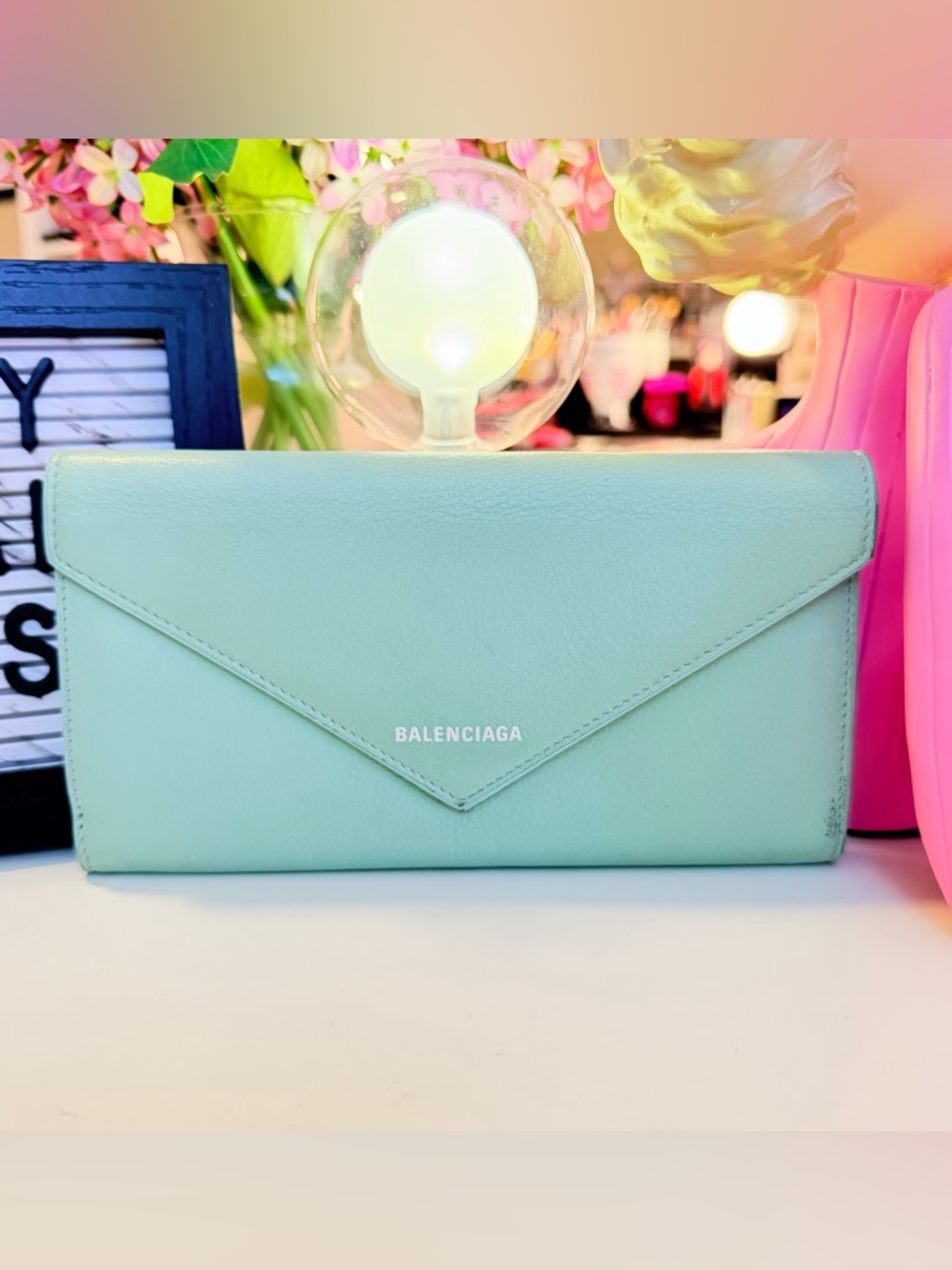 Balenciaga Authentic Mint Green Hourglass Envelope Slim Leather Wallet 💚